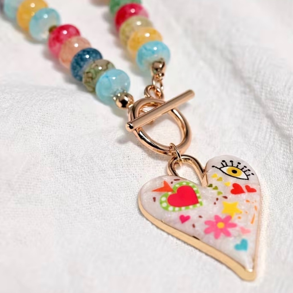 🌟HP!🌟 HEART OF GLASS 🩵✨ Handcrafted Glass Bead Heart Pendant Statement Necklace - Picture 3 of 5
